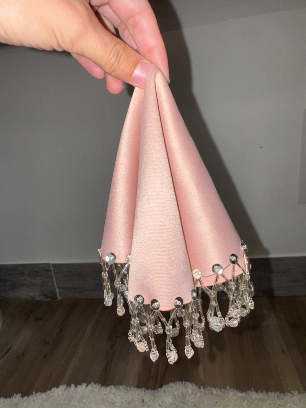 Blush Pink Satin Mindil with Crystal Beaded Fringe